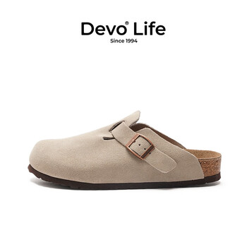 Devo Life的沃软木鞋四季款休闲女士拖鞋真牛皮外穿情侣时尚包头拖鞋懒人鞋 灰色反绒皮 37