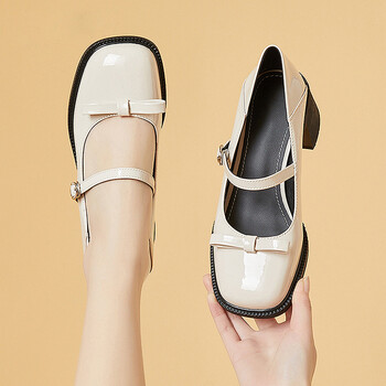 卓诗尼单鞋女通勤百搭珍珠蝴蝶结玛丽珍鞋舒适中跟粗跟女鞋米白色35