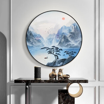 墨派 手绘油画玄关装饰画圆形迎客松新中式工笔山水画客厅背景墙壁画