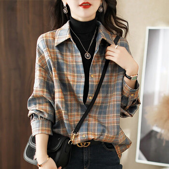 xiaozhu)今年流行女装女士衬衫休闲长袖上衣格子衬衫女7788 卡其色 s