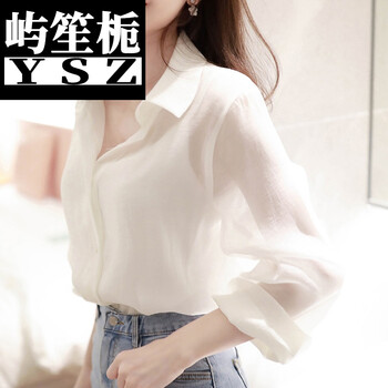 适合矮小的衬衫女白色透视雪纺衫长袖上衣女秋季款透明薄款衬衣防照
