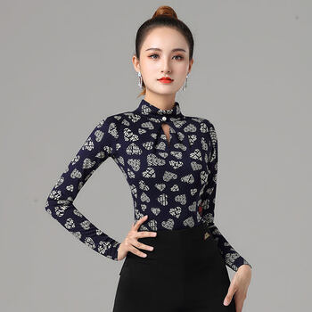 丹宝罗(doubl)交谊舞上衣女国标舞款显高领长袖三步踩弹力衫摩登舞服
