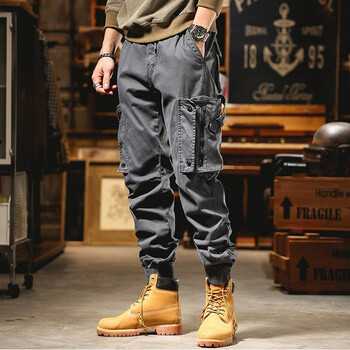 荒秋重磅机裤子工装裤男宽松秋款束脚休闲裤战术登山男生定制定金灰色