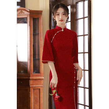异彬喜妈妈婚礼服民国旗袍年轻款修身优雅贵气红色蕾丝敬酒服结婚改良