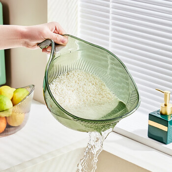 川岛屋（KAWASIMAYA）川岛屋淘米神器洗米筛淘米盆不漏米厨房家用洗水果洗菜盆沥水篮子 手柄淘米篮【透明墨绿】