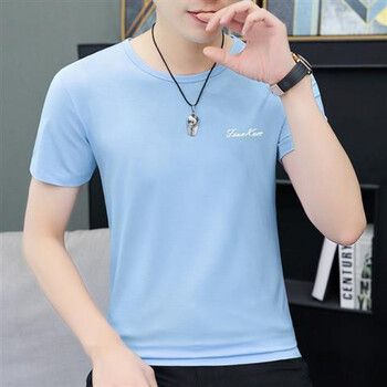 t恤短袖男简约衣服韩潮流百搭圆领夏装修身冰感半袖男士上衣浅蓝色jkl