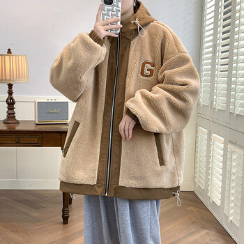 外套男冬季加绒加厚保暖棉袄潮流大码青少年学生羊羔毛棉衣卡其色2xl