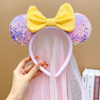 迪士尼网纱儿童蝴蝶结米奇亮片发箍披纱飘纱发饰小女孩头纱防滑头箍8