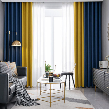 窗帘遮光布卧室家用遮阳飘窗出租屋纯色双拼挂钩式蓝拼黄挂钩式拍2加