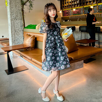 哈熙牛女童连衣裙夏季新款洋气碎花儿童公主裙912岁中大童女孩雪纺