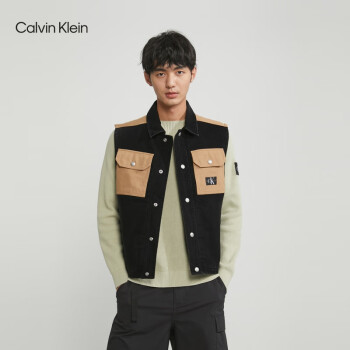 Calvin Klein  Jeans23秋冬新款男士潮流拼色简约织标牛仔马甲背心J324449 1BY-牛仔黑 M