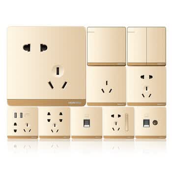 鸿雁插座86型暗装二三插座USB插座Q86香槟金 斜五孔单只装