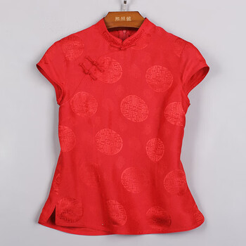 芬格顿fengedun真丝中式唐装上衣女桑蚕丝夏民族短袖提花中国短款红色