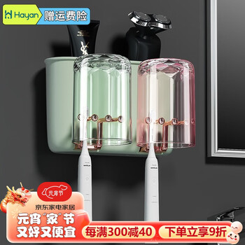 海迎（HAYAN HY）牙刷置物架刷牙杯置物架免打孔漱口杯子壁挂式刷牙杯收纳牙刷架 时尚绿(二杯)