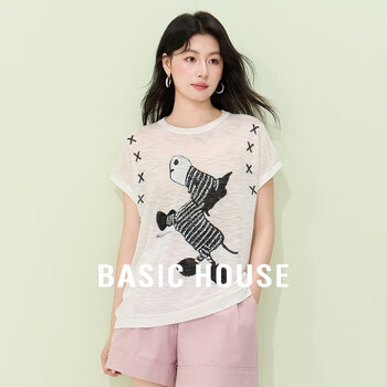 Basic House/百家好冰丝薄款刺绣小衫减龄卡通针织上衣夏季新款女 白色 L 120-135斤