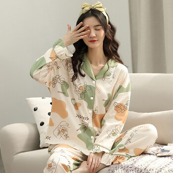浪莎纯棉睡衣女士春秋套装翻领开襟长袖睡衣女全棉青年大码家居服开衫