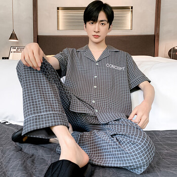 男士睡衣夏天纯棉短袖长裤宽松大码睡衣男夏季薄款春秋家居服套装yy