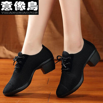 广场舞女鞋春夏新款网面夏季舞蹈鞋透气水兵软底中跟跳舞黑色36