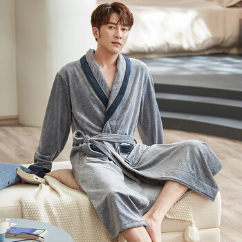 曲果品牌男士睡袍长袖秋冬季弹性海岛绒冬天珊瑚绒法兰绒薄款男款睡衣