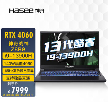 X舟（HASEE）战XZ8R9 13代英特尔酷睿i9 15.6英寸游戏本 笔记本电脑(13代i9-13900H 16G 1TB RTX4060 165Hz 2.5K电竞屏)