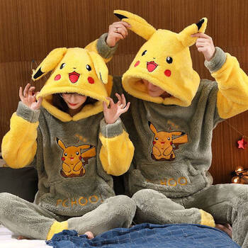 绒睡衣女士加厚加绒冬季法兰绒家居服男士套装 绿色 232#绿色皮卡丘