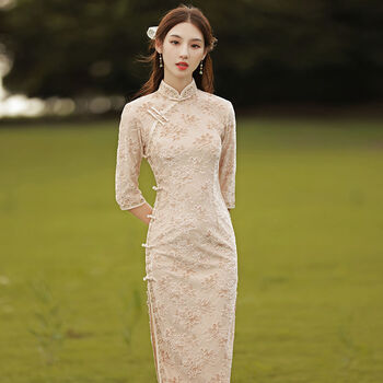 旗袍年轻款2022民国气质复古少女修身长款连衣裙春款杏色针织提花s