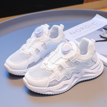 大黄蜂女童小白鞋透气网面夏季儿童单网鞋女孩运动鞋旋转纽扣老爹鞋软