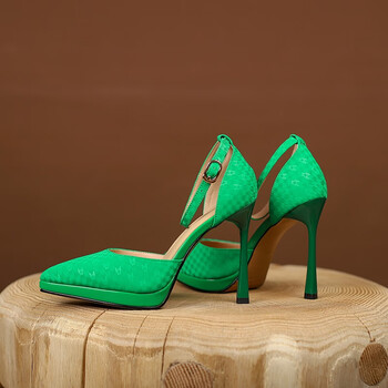 萱綺儿品牌气质优雅女神范尖头高跟鞋11厘米细跟里外全皮女鞋 绿色 34
