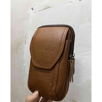 轻鸥新款牛皮三层竖包8806 户外男士牛皮腰包手机包零钱证件手机腰包 土黄色