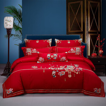 LEELAND礼澜家纺 新中式刺绣大红结婚床上用品四件套丝棉大提花婚庆床品