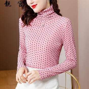 女长袖加绒高领打底衫女春秋洋气修身t恤蕾丝上衣网纱漂亮小衫粉红色