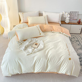 名创优品官方旗舰店肤棉磨毛双拼刺绣四件套轻奢感南通家纺床单被套床