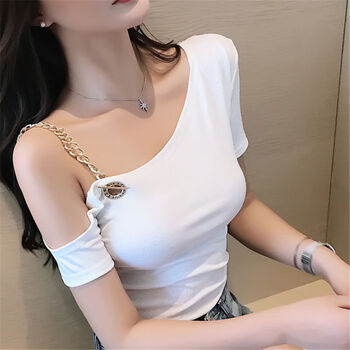 黄花地一字肩上衣夏t恤女短袖夏季新款时尚性感露肩上衣气质女显瘦