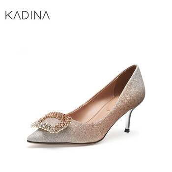 细跟女鞋方扣渐变色高跟浅口女单鞋婚鞋女kll93702 香槟银色人造革 38