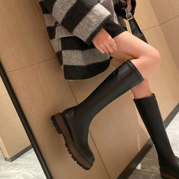 yinfan长筒靴女秋冬季新款不过膝高筒靴厚底显瘦小个子百搭骑黑色34