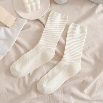 优诗菲白色袜子女士中筒棉袜春秋薄款日系ins潮堆堆jk长袜5双基础款粗