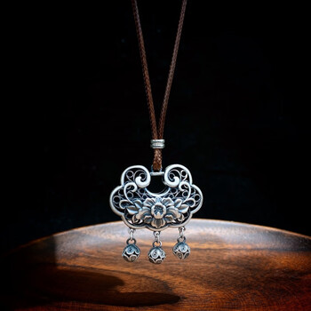 项坠复古男女同款浮雕繁花似锦国潮流苏银锁吊坠空心花丝做旧足银999