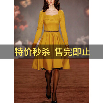 【非质量问题不退不换】原创设计师女装女巫和骑士洋气减龄收腰连衣裙黄色大摆连衣裙打底裙秋冬新款 黄 L