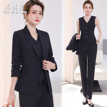 小沈龙 西服套装女爆款修身显瘦休闲裤女士职业正装坎肩马甲韩版小西装外套时尚三件套 PRKD8818 黑色 2XL 