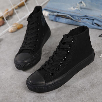 加绒帆布鞋女2021秋冬新款韩版板鞋百搭防滑全黑色高帮鞋经典高帮全黑