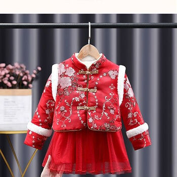 京蝌蝌一周岁女孩衣服抓周服宝宝百日宴女童汉服加绒公主裙儿童秋冬