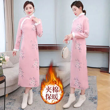 【连衣裙女秋冬款】旗袍冬款加厚改良旗袍连衣裙气质复古中国风女装裙 116 加绒保暖 M 可穿