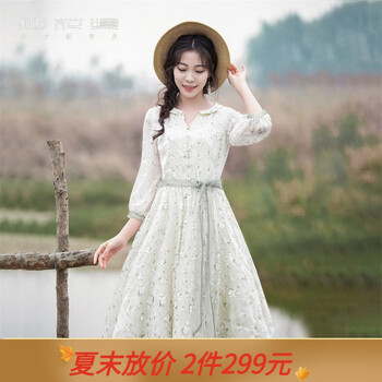 烟花燙灯笼袖连衣裙女2023年秋装新品文艺清新高腰碎花中长裙子ZG 语悄 米白色1 XL