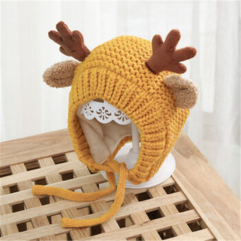 网红款婴儿帽子毛线帽可爱超萌小鹿秋冬加厚保暖儿童女宝宝系带护耳帽