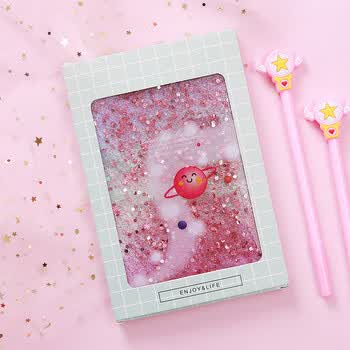 倾阑 流沙笔记本梦幻 少女心手账本彩页插画本 学生记事本 粉色微笑