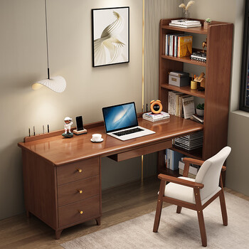 红同实木书桌书柜组合一体电脑桌转角写字台卧室学习桌椅书桌办公桌