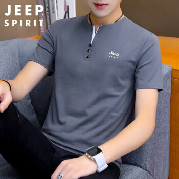 吉普T恤男2021年夏季韩版短袖男士V领潮流纯色上衣透气休闲短袖T恤男款打底衫 深灰色 XL