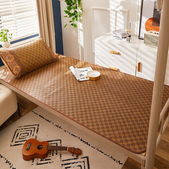 月语家纺 学生宿舍藤席单人凉席可折叠0.9席子草席工人上下铺床空调席 黑方格藤席【配冰丝枕套】 100*190cm