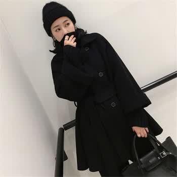 双面半大衣女中款赫本风短款毛呢外套女小个子2019年秋冬呢子黑色毛泥
