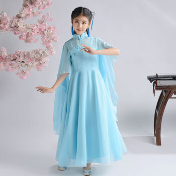 吴小熊儿童古筝演出服中大童女学生钢琴二胡表演服女孩长裙中国风白纱